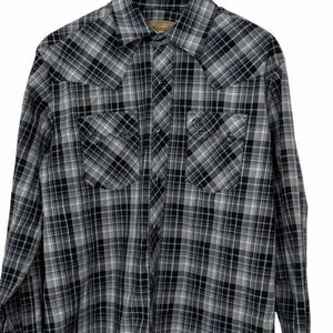 Wrangler Retro Western Shirt Mens Large Plaid Pearl Snap Gray Purple Long Sleeve